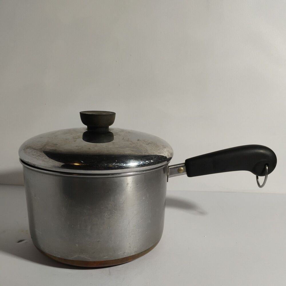 Vtg. Revere Ware 2 Qt Low Profile Sauce Pan W/Lid 1801 Copper Clad Bottom USA